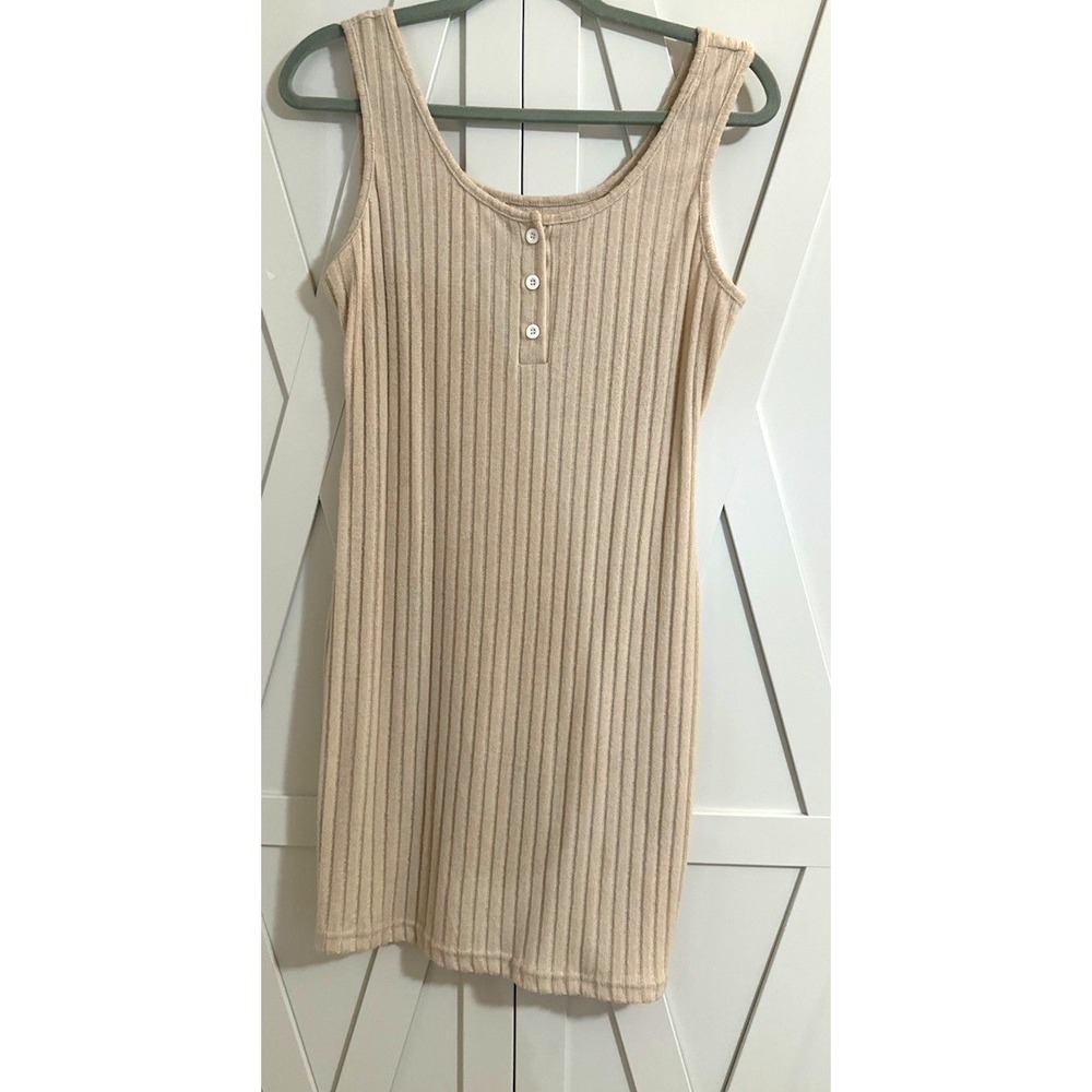 2-Piece Beige Ribbed Knit Tank Top & Long Sleeve Button Cardigan Set L